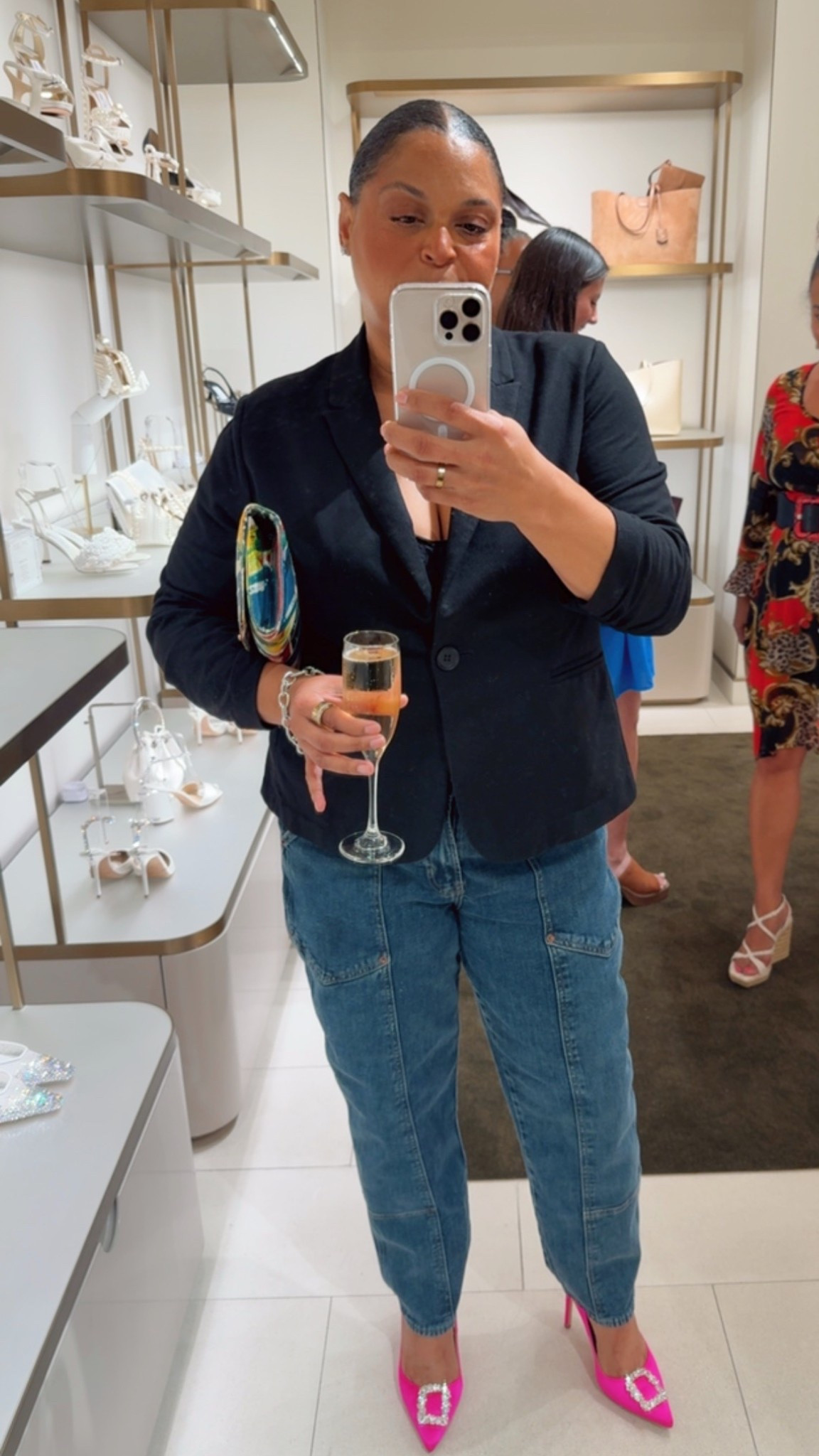 A blazer with a cami, structured jeans and Carrie Bradshaw inspired shoes - ready for magic! A pop of color is always a good idea.
Manolo Pink Shoes Crystal Embellished Shoes Black Blazer Denim 

#LTKShoeCrush #LTKMidsize #LTKStyleTip