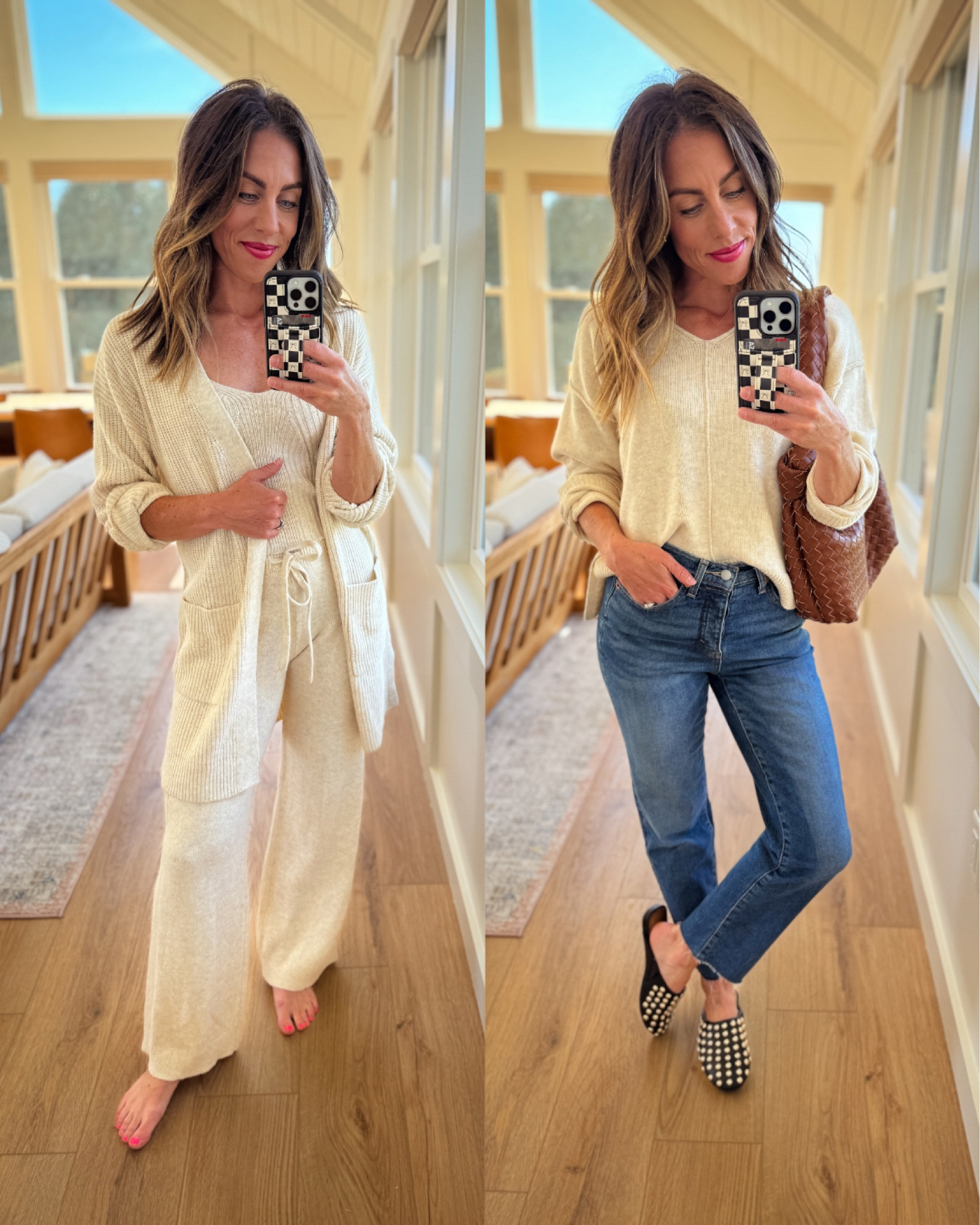 Cami: xs
Lounge pants: xs
Cardigan: xs
Sweater: xs
Jenas: 2 short (size up one) 
Shoes: 6 (fit TTS) 

#LTKSaleAlert #LTKStyleTip #LTKOver40