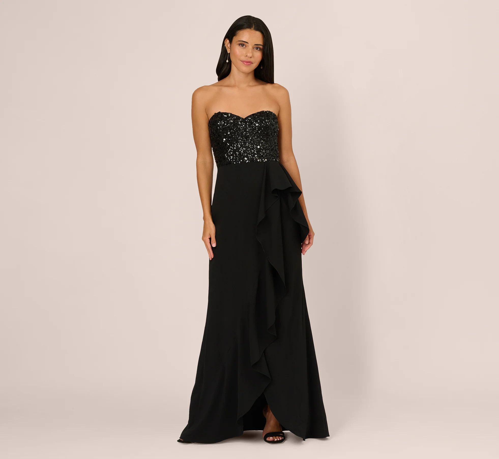 Strapless Sequin Ruffle Combo Gown In Black | Adrianna Papell