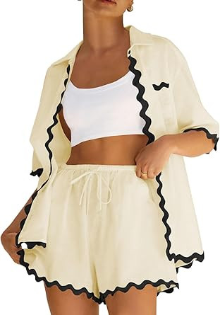 ARTFREE Conjunto de 2 piezas para mujer, camisa de manga corta con botones y pantalones cortos, c... | Amazon (US)