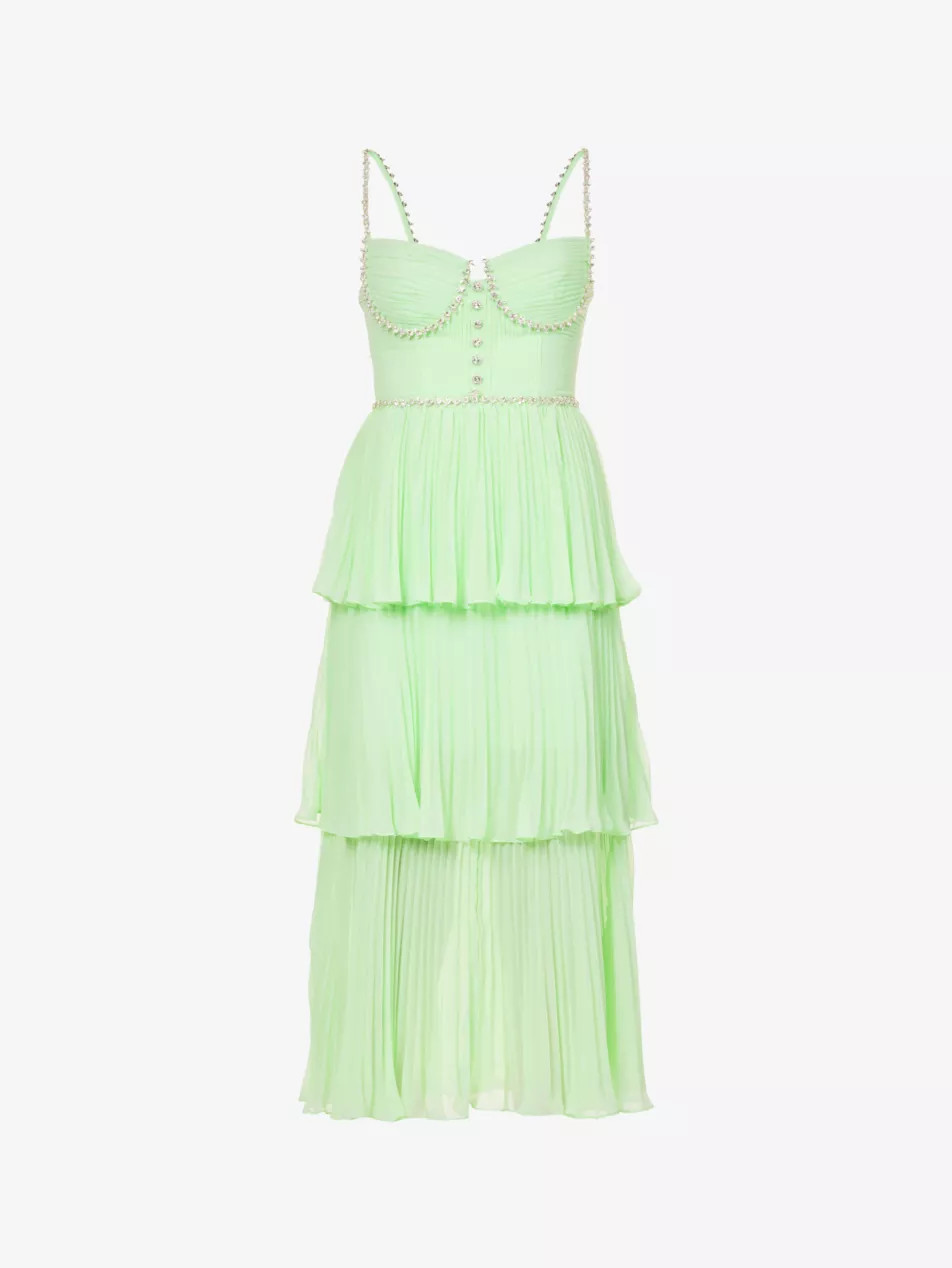 Rhinestone-embellished flared-hem woven midi dress | Selfridges