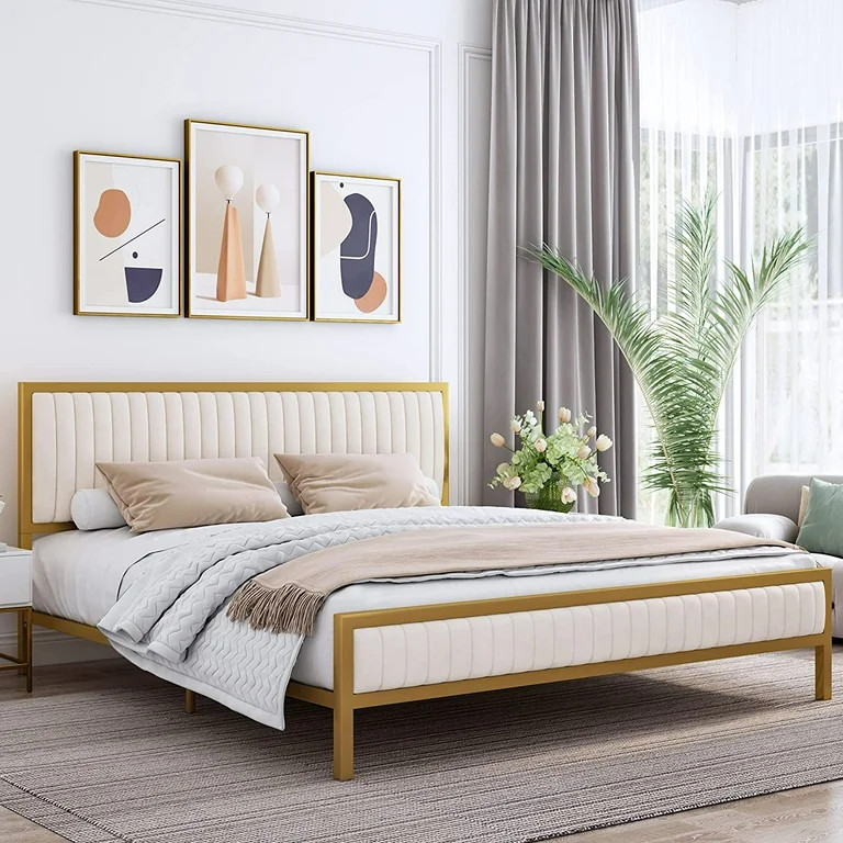 Homfa King Size Bed Frame, Golden Metal Platform Bed with Velvet Upholstered Headboard, Beige | Walmart (US)