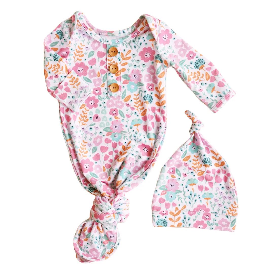 Willow's Whimsy Floral Newborn Baby Knot Gown & Hat Set | Caden Lane