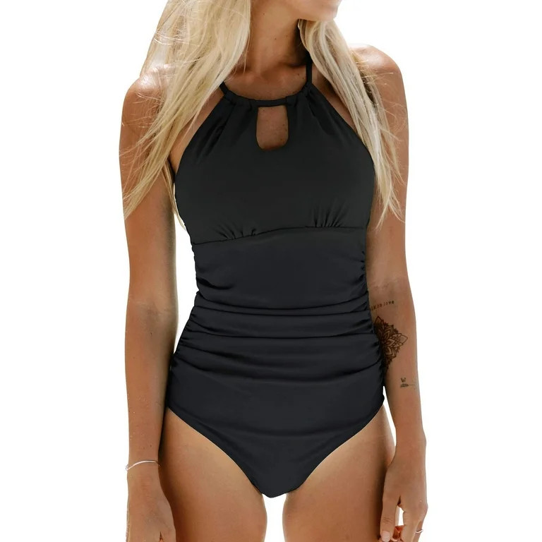 Cupshe Women's Black One Piece Swimsuit Tummy Control Cutout High Neck Tie Back Bathing Suit, L | Walmart (US)