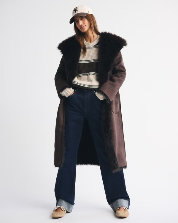 Women's Reversible Vegan Suede Shearling Long Coat | Women's | Abercrombie.com | Abercrombie & Fitch (US)