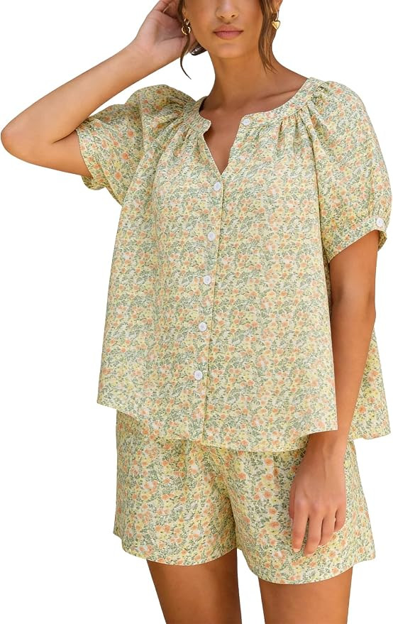 Flygo Women's Floral Pajamas Sets 2 Piece Lounge Set Button Down Tops and Soft Shorts Sleepwear w... | Amazon (US)
