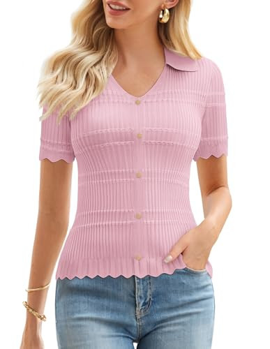 Pink Sweaters for Women Short Sleeve Sweater Shirts V Neck Lapel Collared Sweaters Pullover Sweater Tops M | Amazon (US)