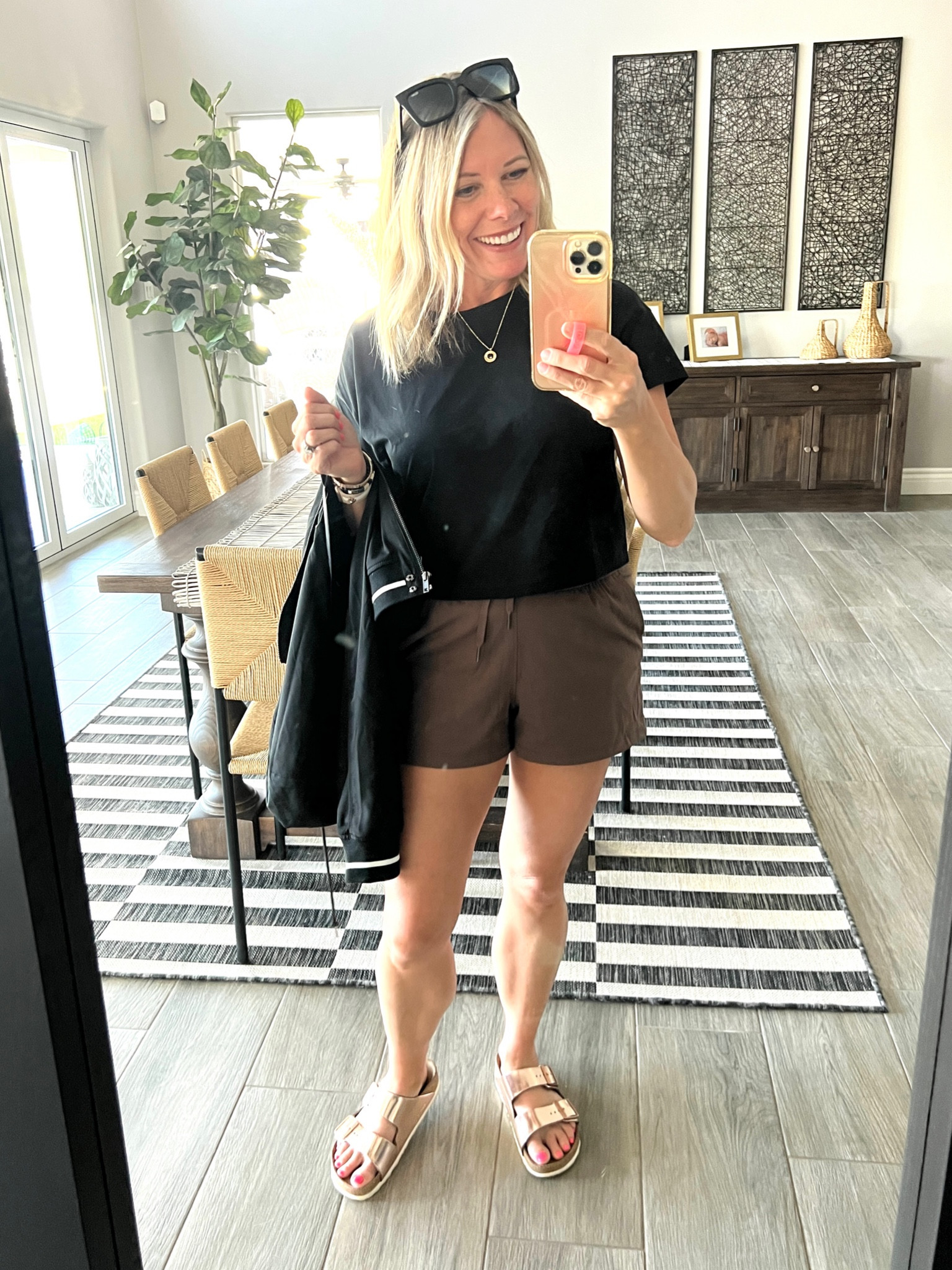 Casual shorts outfit ideas brown shorts black cropped T-shirt thin spring jacket gold sandals. Size XS jacket and small T-shirt and shorts. Amazon fashion evereve 



#LTKstyletip #LTKunder50 #LTKSeasonal