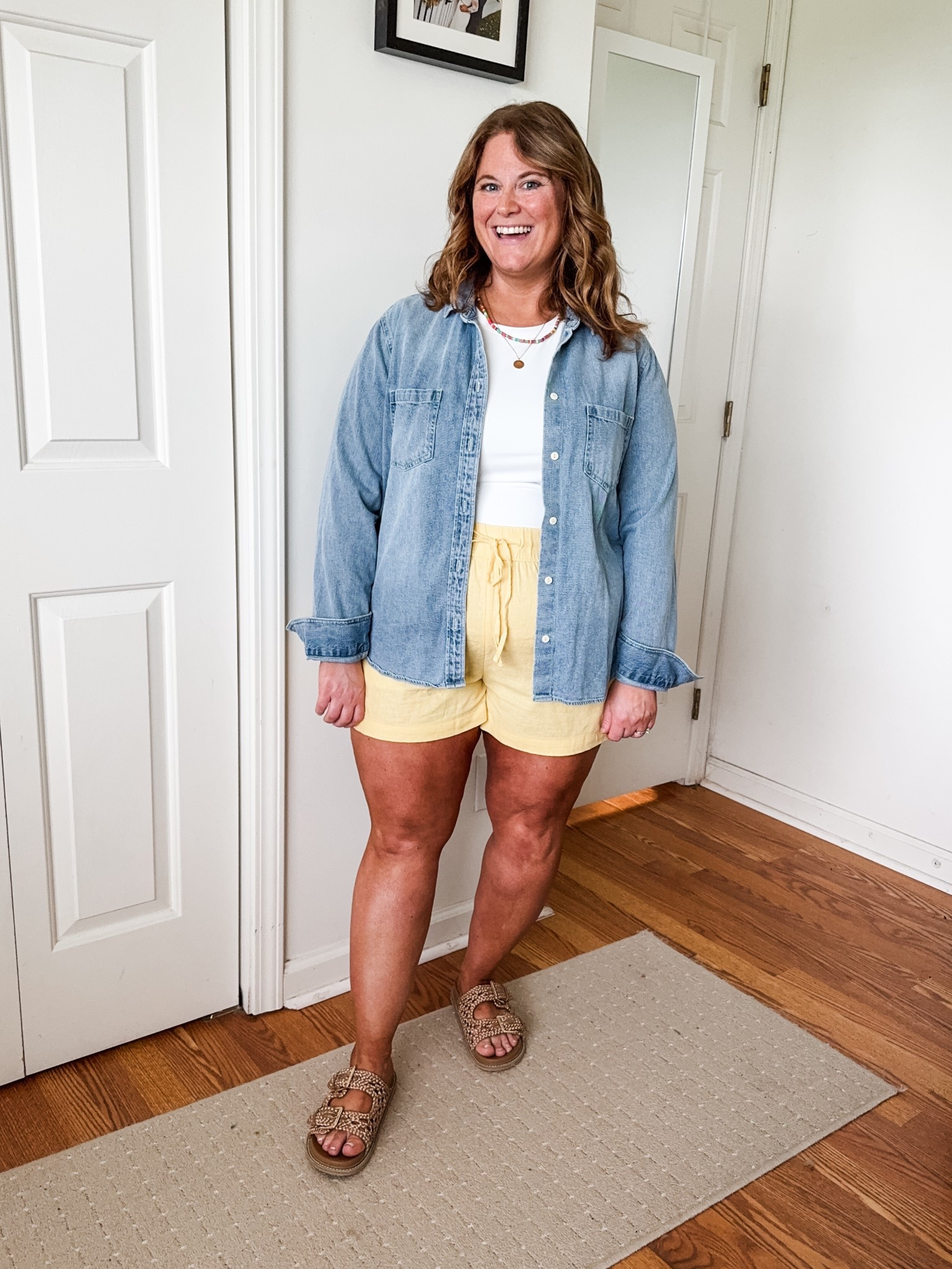 Wearing an XL in the $15 shorts from Walmart.  I sized up in the tee as they run tight - wearing an XXL.  Wearing an XL in the quince denim shirt.  

#LTKMidsize #LTKSummerEdit #LTKFindsUnder50