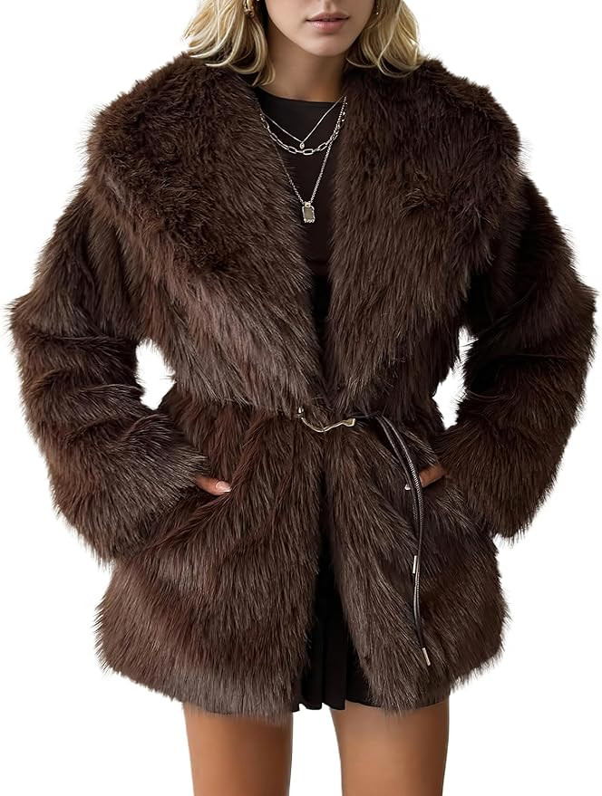 PEHMEA Women's Mid-Length Faux Fur Coats Winter Warm Fuzzy Jackets Lapel Fashion Luxury Fluffy Sh... | Amazon (US)