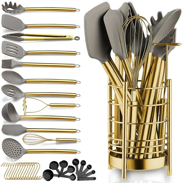 ReaNea Gold 38 Pieces Silicone Kitchen Utensils Set  With Sturdy Stainless Steel Utensil Holder -... | Walmart (US)