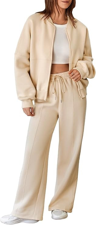 Aleumdr Women's 2 Piece Outfits Oversized Fleece Sweatsuit Zip Up Long Sleeve Sweatshirt with Wid... | Amazon (US)