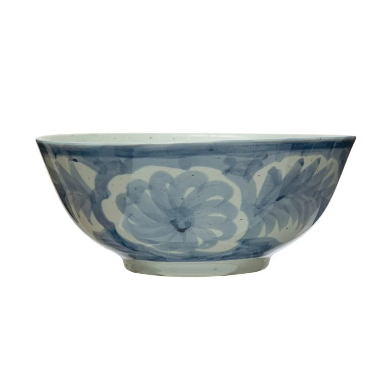 Creative Co-Op Hand Painted Stoneware Bowl with Floral Design, Blue and White | Walmart (US)