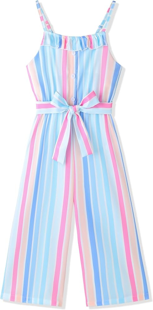 Girls Jumpsuit Striped Sleeveless Girl Casual Rompers Suspender Wide Leg Pants with Belt Jumpsuit... | Amazon (US)