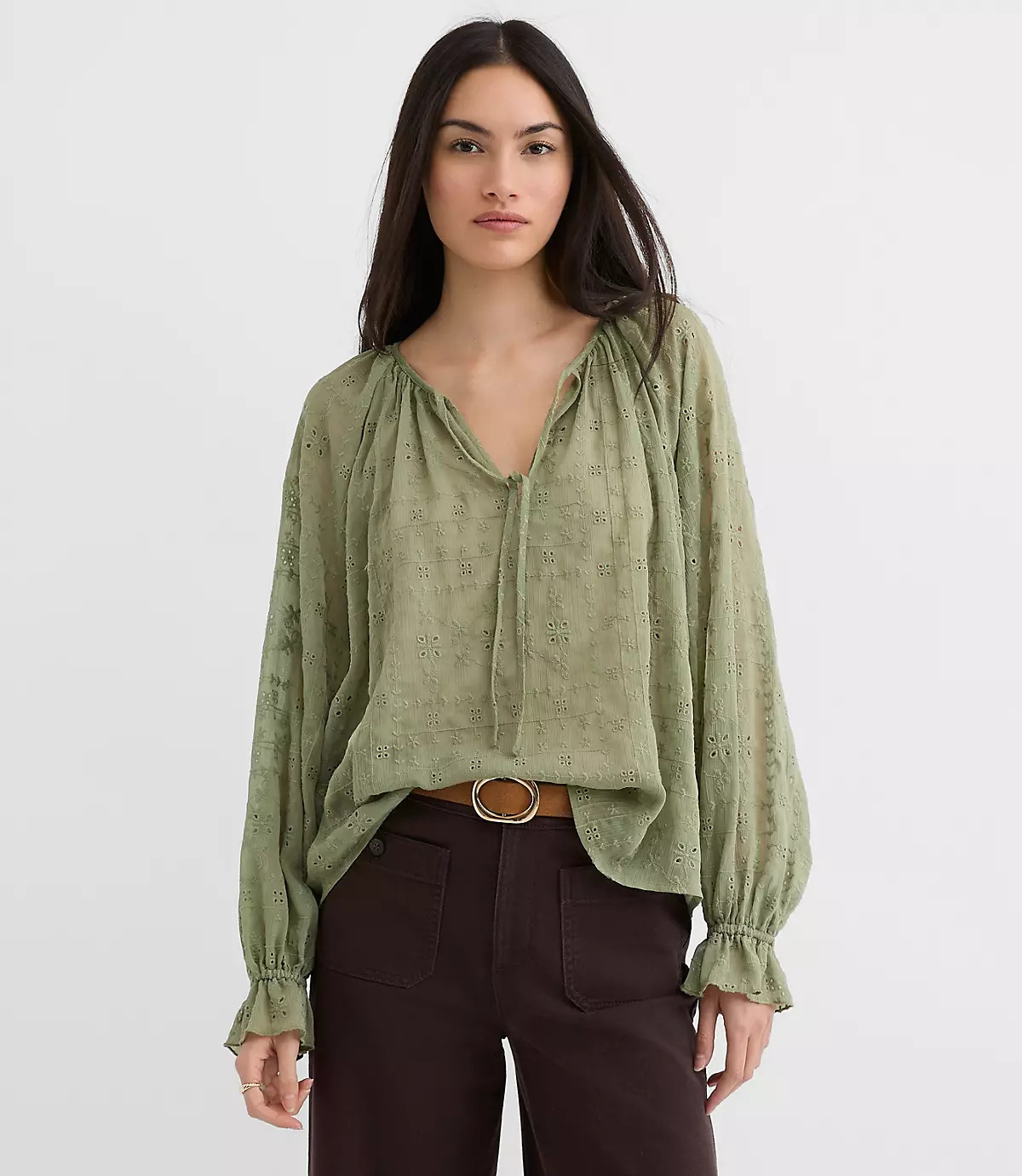 Eyelet Ruffle Cuff Tie Neck Blouse | LOFT