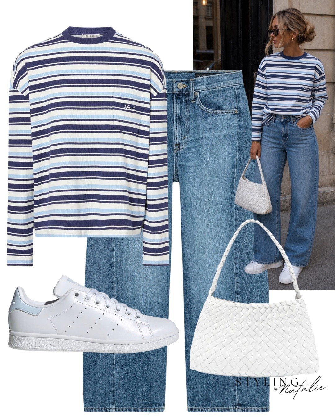 Casual everyday outfit, stripe long sleeve top, wide leg dark denim jeans, baby blue adidas Stan Smith trainers and white woven tote bag.
@Zara elevated casual, blue outfit, transitional.

#LTKsummer #LTKFashionMonth #LTKeurope