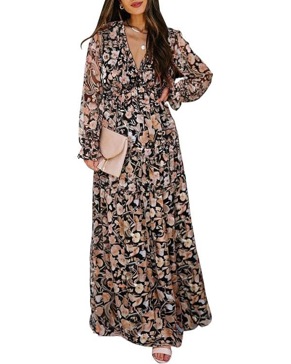 BLENCOT Womens Casual Boho Deep V Neck Short Sleeve Long Dress | Amazon (US)