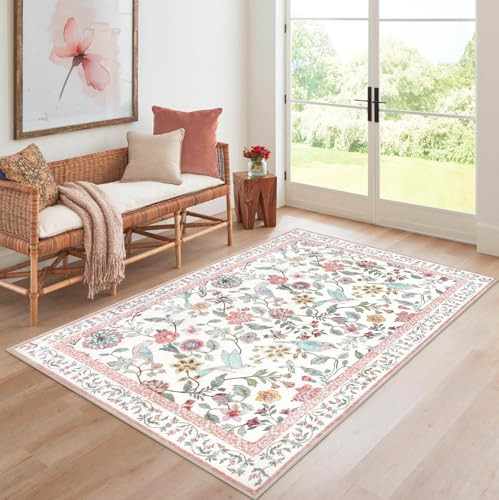 Rugalia Washable Floral Area Rug, 3x5 Pink Indoor Entryway Rug Soft Non-Slip Botanical Kitchen Rugs, Ultra Thin Modern Flower Birds Throw Carpet for Living Room Bedroom Nursery Foyer | Amazon (US)