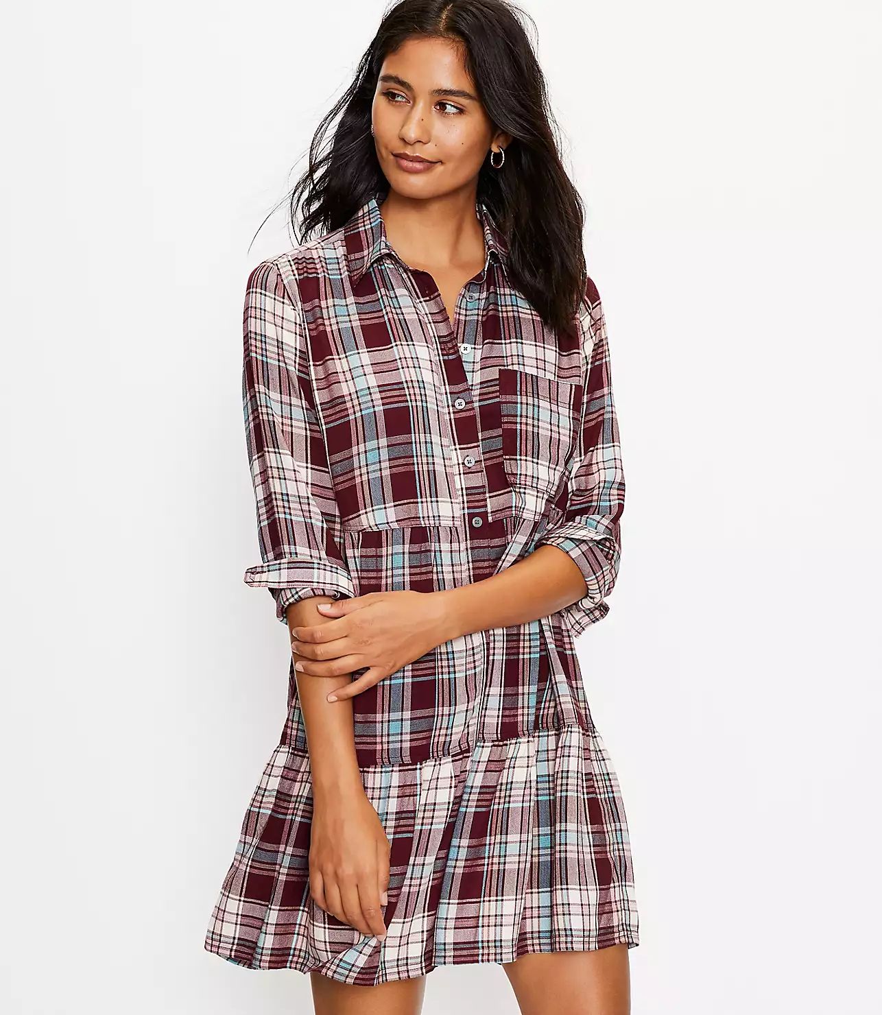 Petite Plaid Tiered Pocket Shirtdress | LOFT