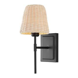 1-Light 14.7 in. Black Wall Sconce Rattan Wrapped Wall Lamp, Wall Light Fixture Vintage | The Home Depot