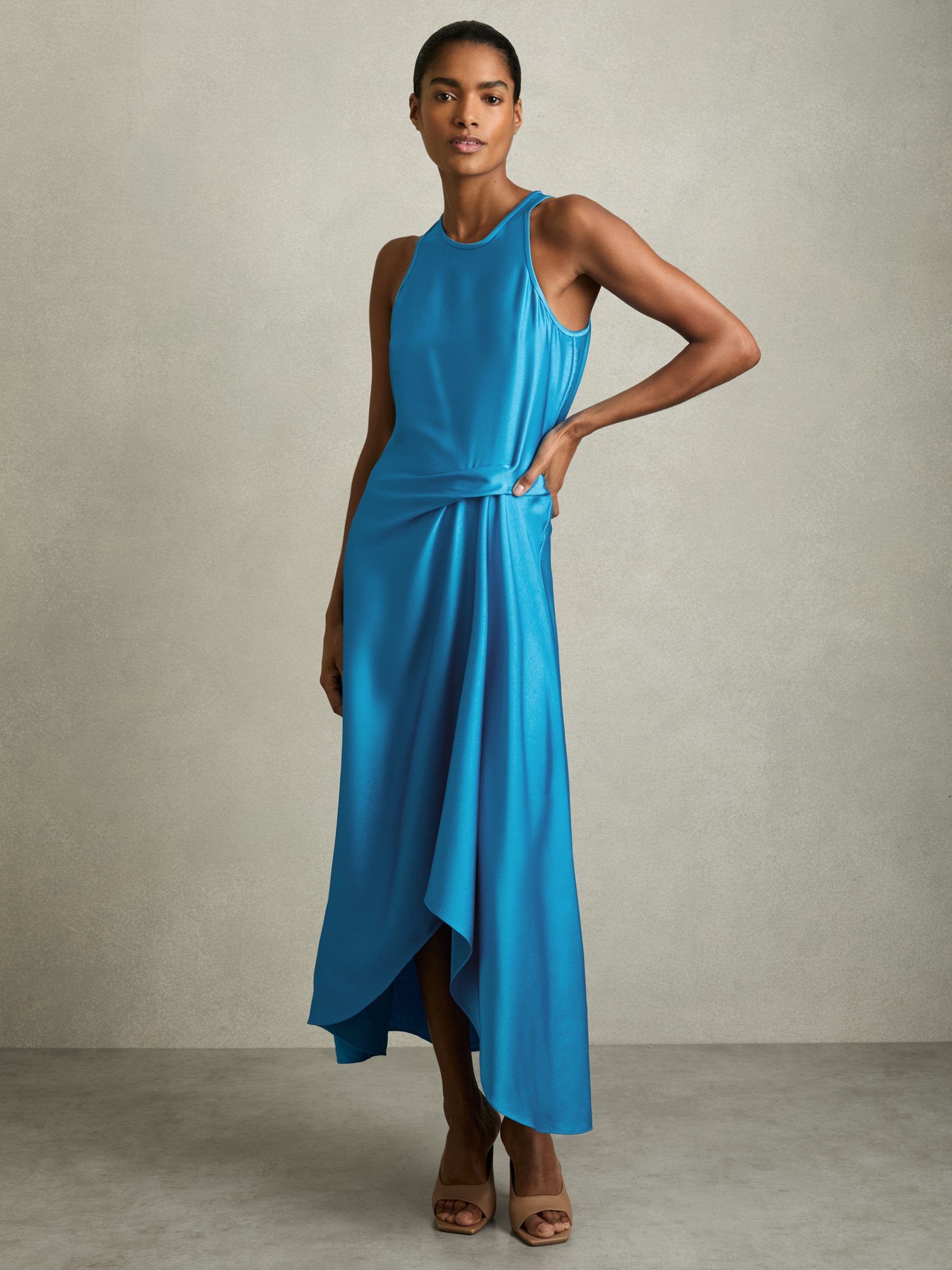 Satin Drape Tuck Midi Dress in Blue | Reiss UK