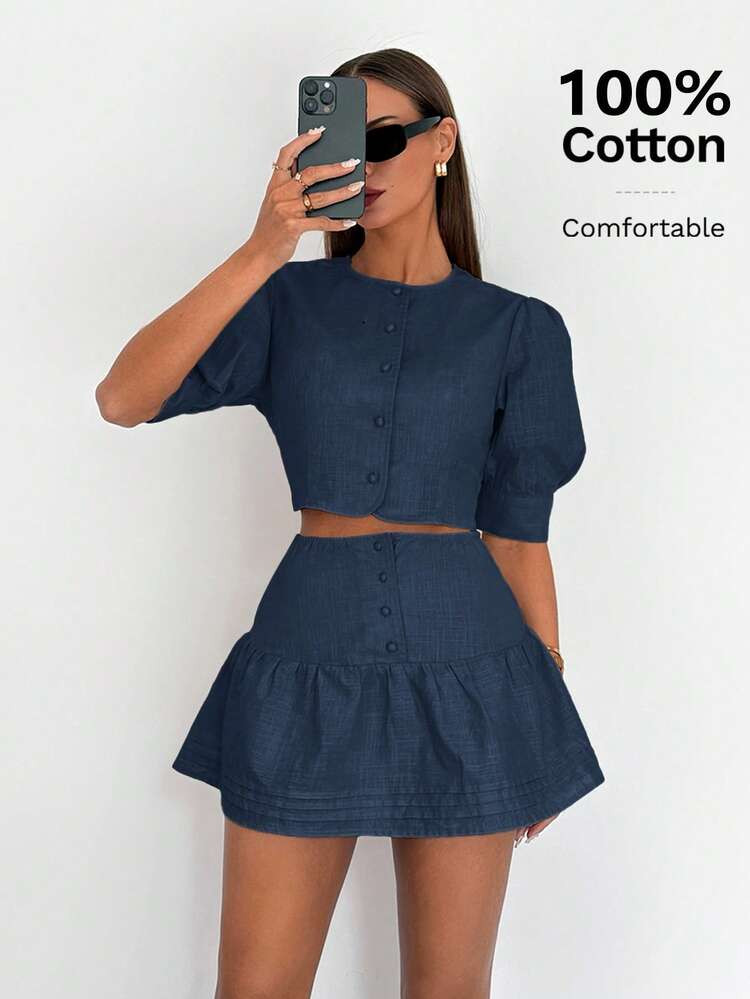 Siren Gaze Women's Summer Casual Solid Color Puff Sleeve Cropped Top And Linen Skirt Set Winter Casual Blue Spring | SHEIN