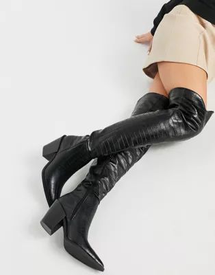 Truffle Collection faux leather thigh high western over the knee boots in black | ASOS (Global)