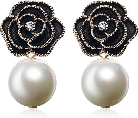 Designer imitation pearl camellia charm dangle earrings for women | Amazon (US)
