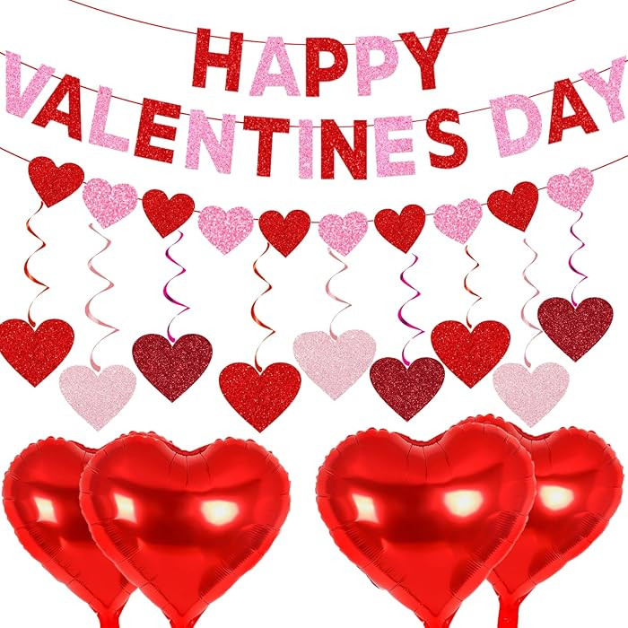 Glitter Happy Valentines Day Banner Party Decorations,with Shiny Heart Banner & Red Pink Heart Sw... | Amazon (US)