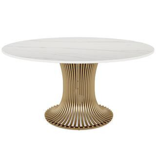 Roesler Gold and White Sintered Stone 59 in. W Pedestal Round Dining Table Seats 6 for Kitchen, Dining Room | The Home Depot