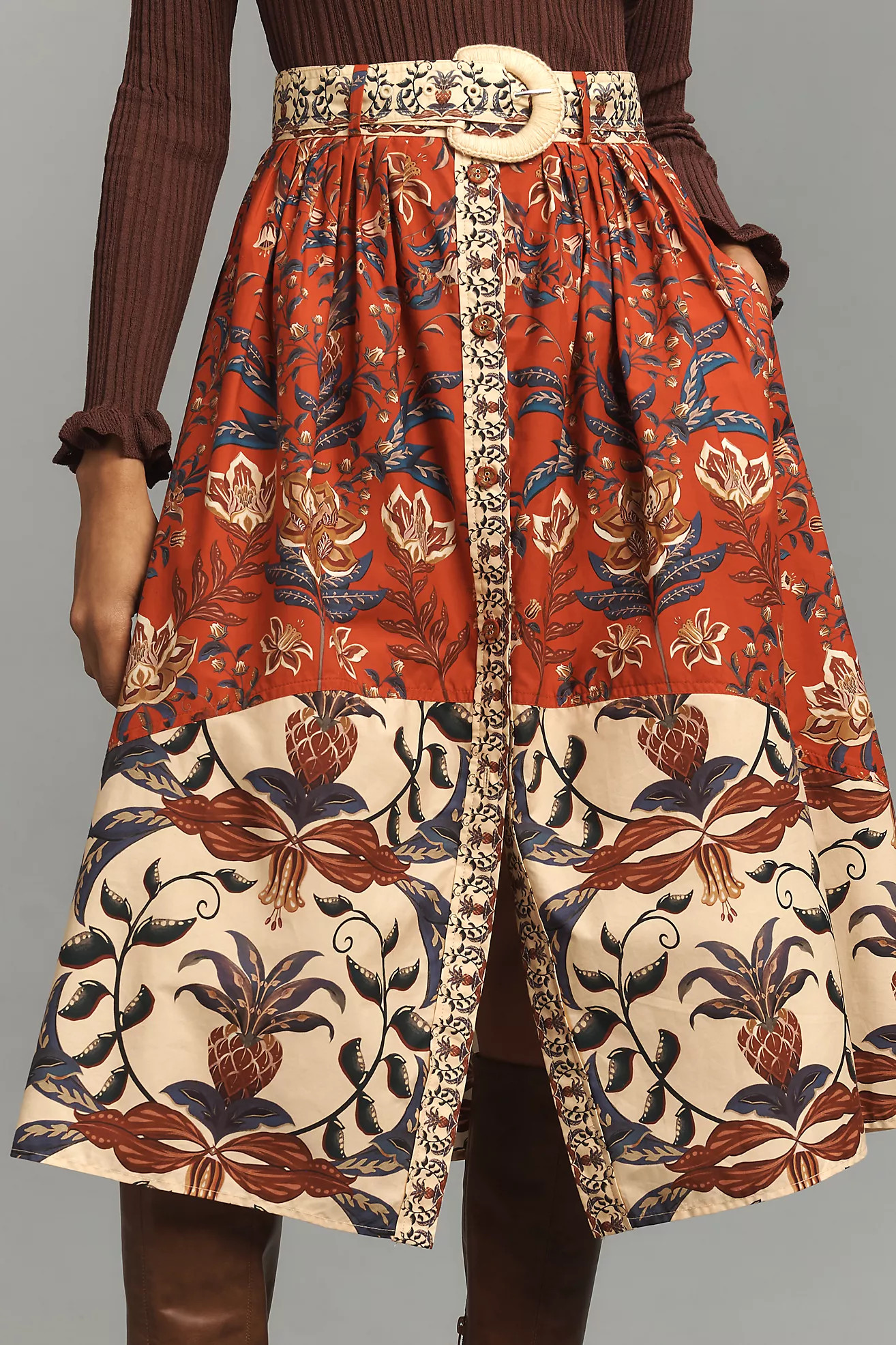 Farm Rio Winter Breeze Button-Front A-Line Midi Skirt | Anthropologie (US)