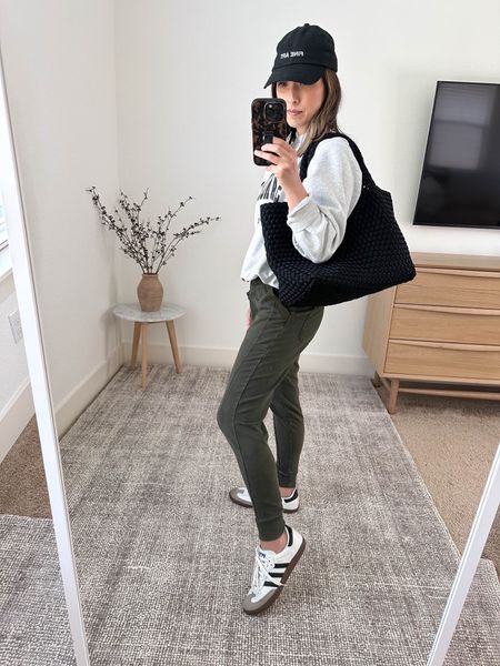 Everyday mom outfit ideas. These joggers are old but saw Anthro brought them back. I’m wearing the petite xxs. 

Anine Bing Sweatshirt xs
Anthropologie joggers petite xxs
Adidas samba 4.5 men’s. 
Naghedi tote medium 
Outsider Supply hat. 

Sneakers, summer outfit, athleisure, petite style, mom outfit 

#LTKSeasonal #LTKshoecrush #LTKitbag