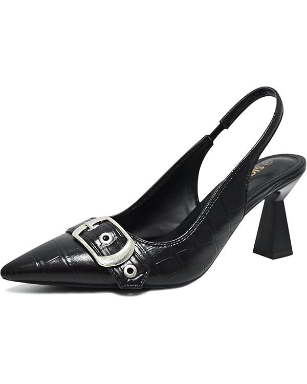 Slingback Kitten Heels for Women Closed Pointed Toe Pumps Dress Shoes with Buckle Strap Comfortab... | Amazon (US)