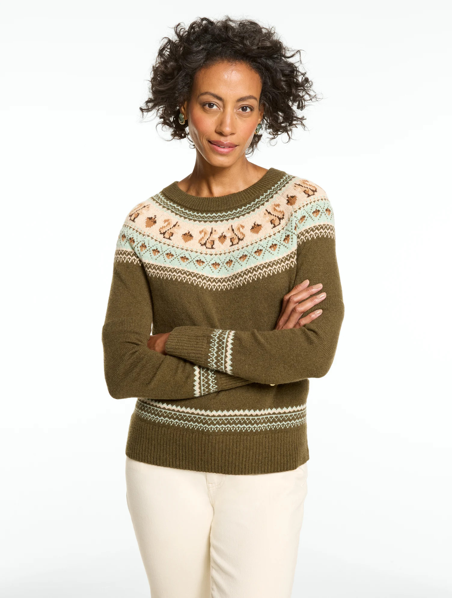 Petite - Crewneck Sweater - Squirrel Fair Isle - Winter Moss Heather - Large Talbots | Talbots