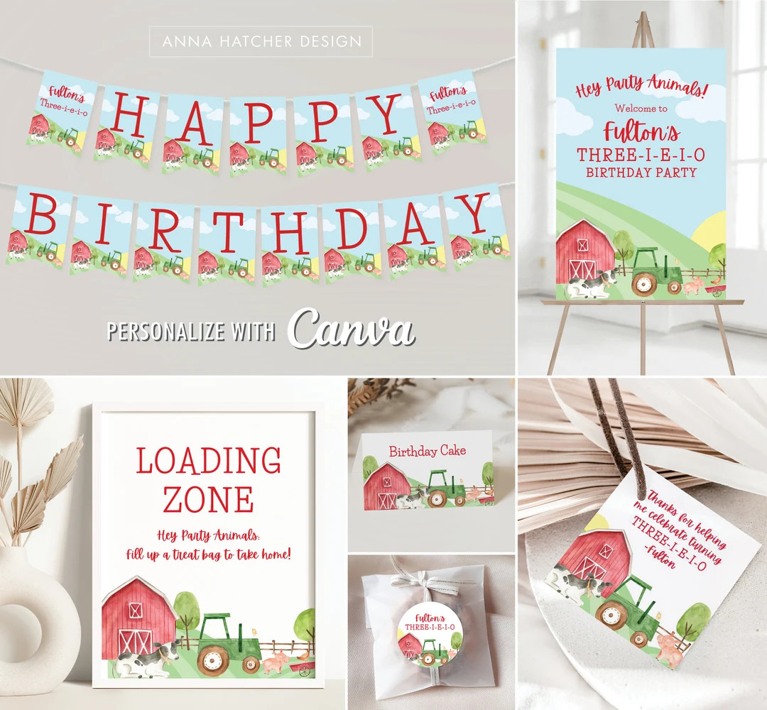 Three-I-E-I-O Farm Birthday Party Editable Canva Templates, Printable Thank You Favor Tag, Circle... | Etsy (US)
