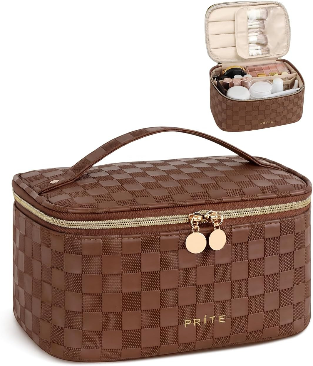 Prite Makeup Bag Toiletry Case for Women with Brush Holder, Brown, Standard | Amazon (UK)