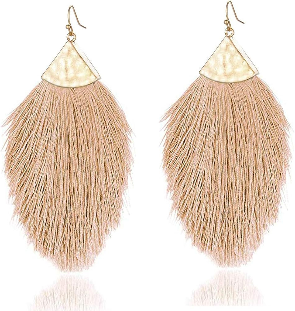 Bohemian Silky Thread Fan Fringe Tassel Statement Earrings - Lightweight Strand Feather Shape Dan... | Amazon (US)