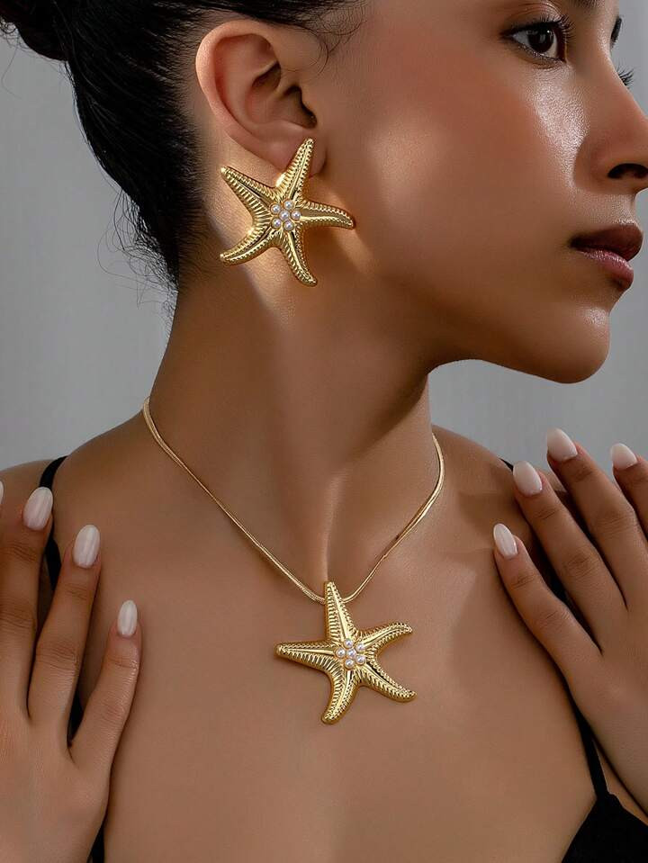 3pcs Fashionable Beach Style Starfish & Faux Pearl Pendant Necklace And Earrings Set, Women's Cas... | SHEIN