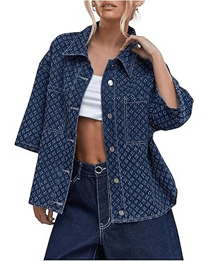 Women's Graphic Button Down Denim Jackets Half Sleeve Drop Shoulder Oversized Jean Coat | Amazon (US)