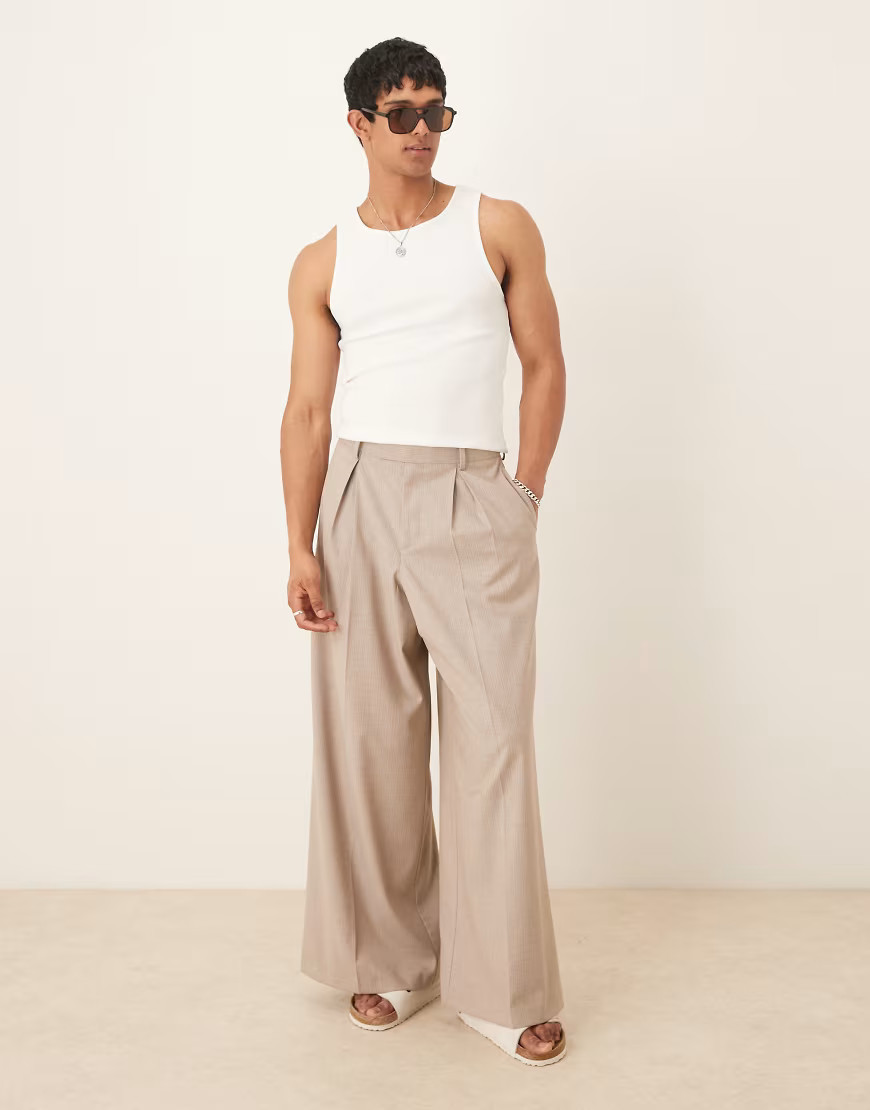 ASOS DESIGN extreme wide leg dress pants with box pleats in beige pinstripe-Neutral | ASOS (Global)