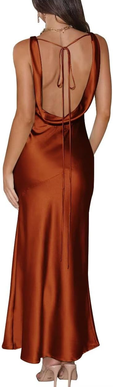Satin V Neck Maxi Wedding Guest Dress Sleeveless Backless Tie Back Bridesmaid Dresses Formal Cock... | Amazon (US)