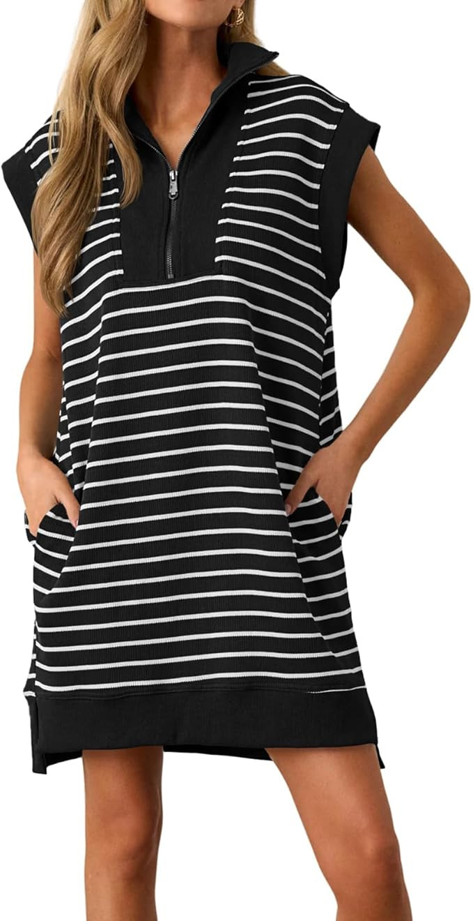 Wenrine Womens Striped Mini Dress Casual Zipper V Neck Cap Sleeve Collared Loose Summer Knit Dres... | Amazon (US)