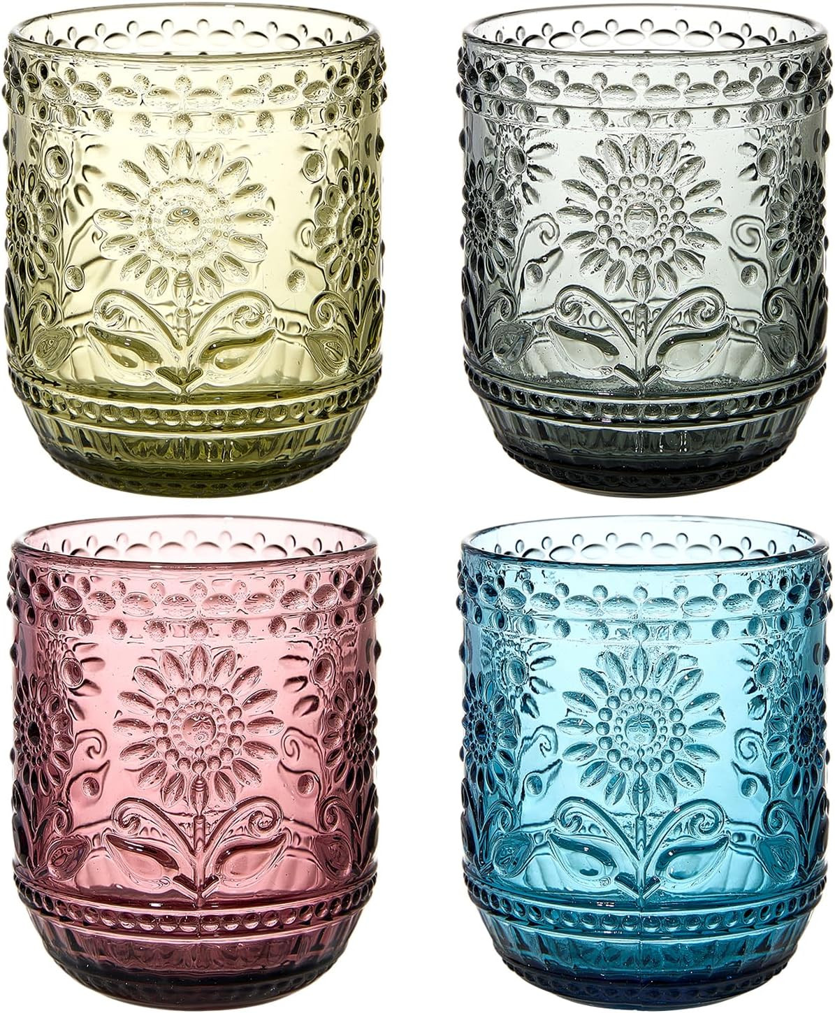 4 Pack 12 Oz Vintage Glassware Drinking Glasses Set, Embossed Floral Decorative Glassware Set for Whiskey, Beer, Juice, Wine（Multicolor） | Amazon (US)