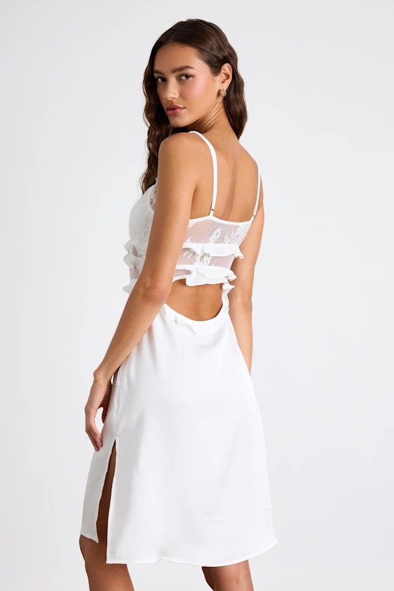 Lilena Ivory Satin Lace Ruffled Cutout Lingerie Slip | Lulus