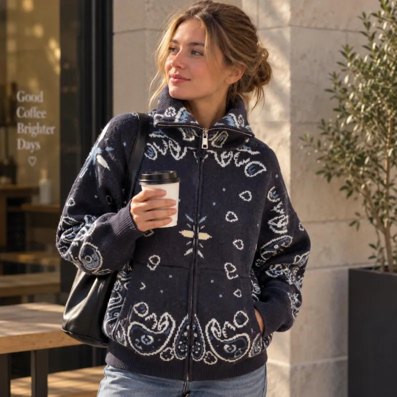 Loose knit Cardigan For Women, Paisley Zip Up Knit Sweater, Oversized Jacquard Jacket | Etsy (Global)