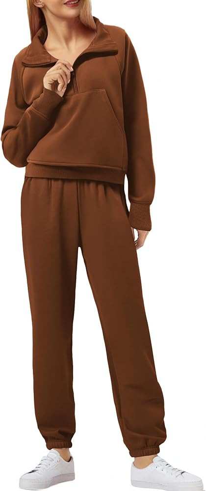 PINSPARK Womens 2 Piece Outfits Fleece Sweatsuit Half Zip Pullover Track Suit Jogger Sweatshirt a... | Amazon (US)
