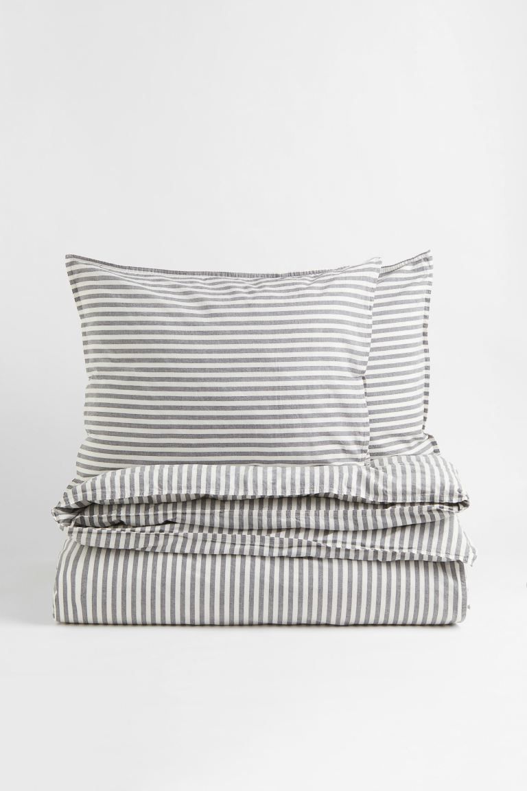 King/Queen Duvet Cover Set - Gray/white striped - Home All | H&M US | H&M (US)