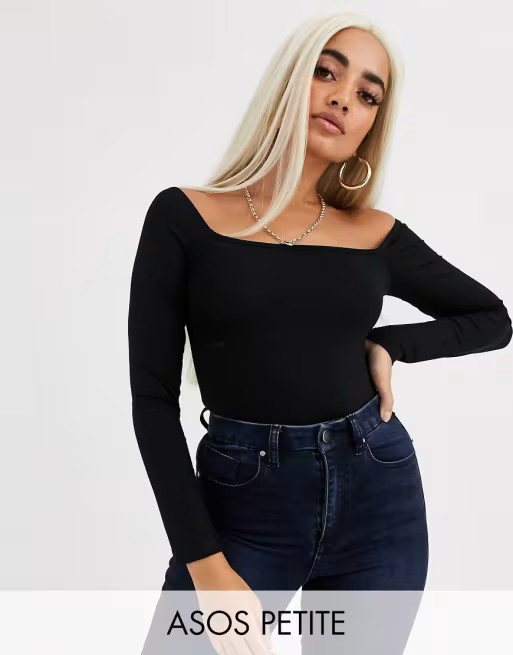 ASOS DESIGN Petite square neck long sleeve bodysuit in black | ASOS US