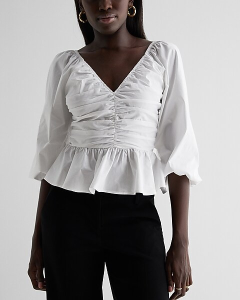 V-Neck Pleated Peplum Top | Express