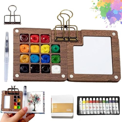 Mini Watercolor Travel Paint Set, Pocket Watercolor Set, Portable Artist Palette Sets with Colours, Book,Binder Clips,Pens,Wooden Paint Box for Painters Artists Student (15 Palette) | Amazon (US)